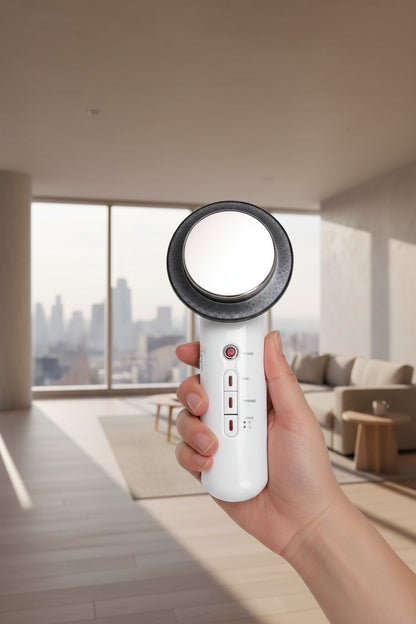 SweetSirinity EMS infrarood ultrasound massager productvisualisatie met Nederlandse en Franse specificaties voor body sculpting en gezichtsverzorging